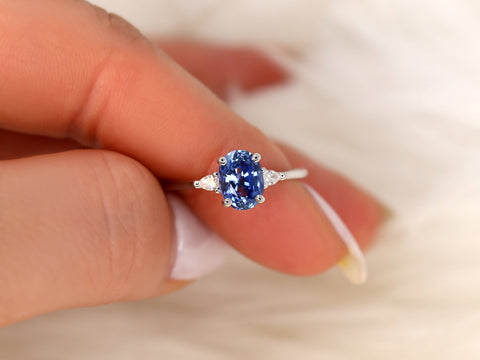 1.55ct Ready to Ship Petite Emery 14kt Cornflower Lavender Sapphire Diamond Pear Three Stone Oval Ring,Oval Triology Ring,Oval Sapphire Ring