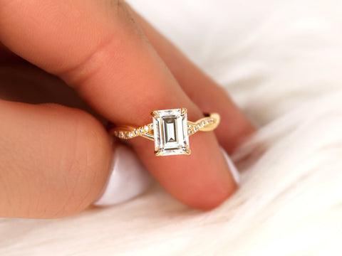 1.75ct Petite Tobi 8x6mm 14kt Gold Moissanite Diamond Crossover Emerald Cut Ring,Twisted Engagement Ring,Unique Emerald Cut Ring