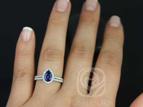 Tabitha 8x5mm 14kt White Gold Blue Sapphire Diamonds Thin Micro Pave Pear Halo Classic Bridal Set