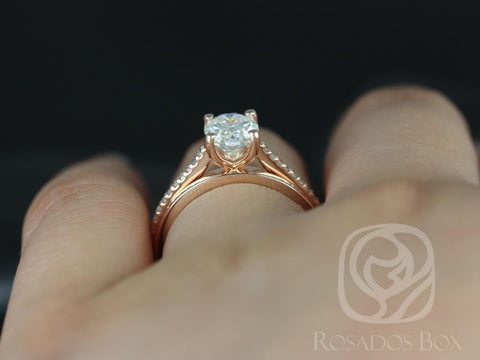 1.50cts Oval Moissanite Diamonds Thin Cathedral Bridal Set, 14kt Solid Rose Gold, Blake 8x6mm & Plain Blake Band