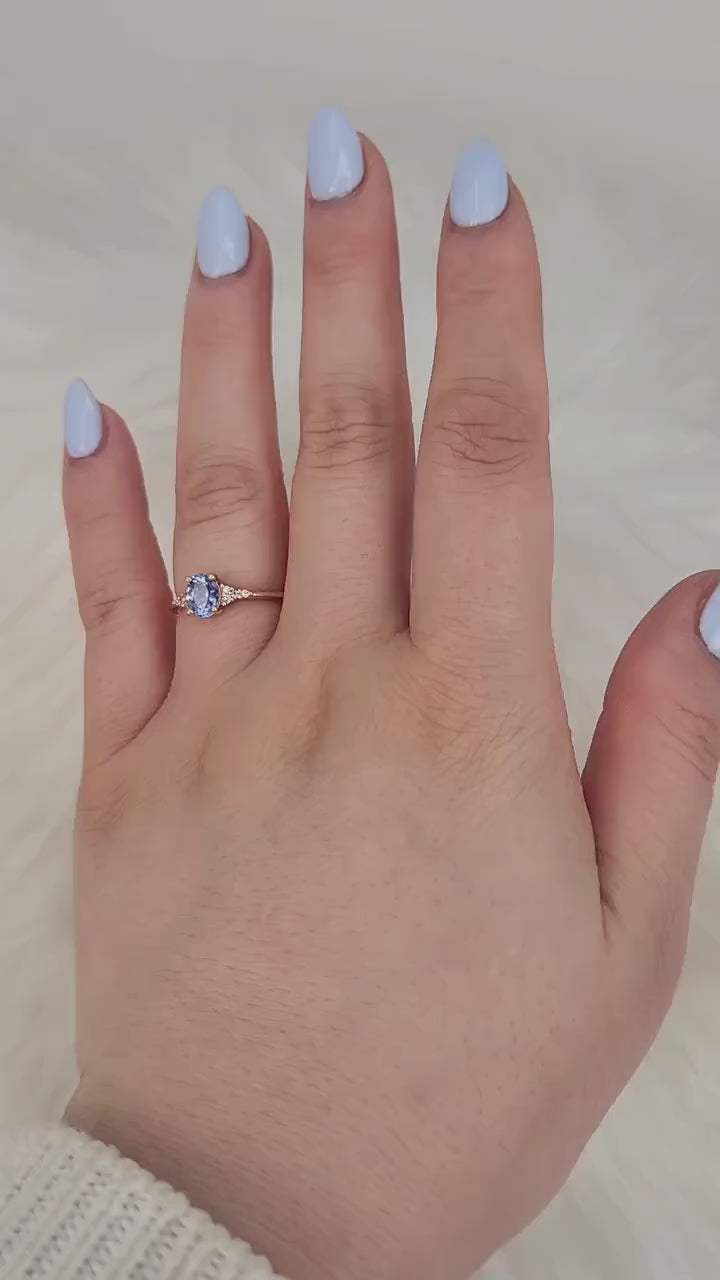0.88ct Ready to Ship Maddy 14kt Rose Gold Cornflower Sapphire Diamond Dainty Oval Cluster 3 Stone Ring,Anniversary Gift,Unique Sapphire Ring