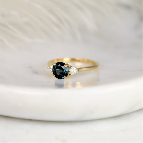 1.48ct Ready to Ship Colette 14kt Gold Peacock Teal Sapphire Diamond Three Stone Round Ring - Rosados Box