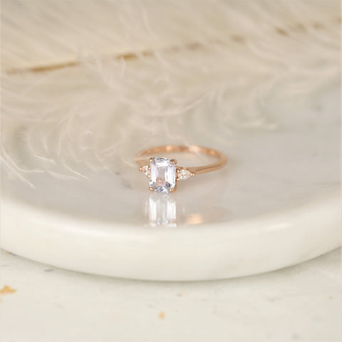 1.70ct Ready to Ship Petite Ellis 14kt Rose Gold Blush Peach Sapphire Diamond 3 Stone Cushion Ring - Rosados Box