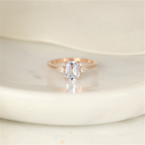 1.70ct Ready to Ship Petite Ellis 14kt Rose Gold Blush Peach Sapphire Diamond 3 Stone Cushion Ring - Rosados Box