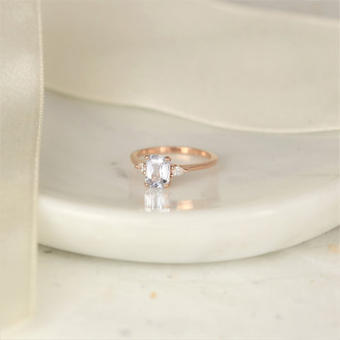 1.70ct Ready to Ship Petite Ellis 14kt Rose Gold Blush Peach Sapphire Diamond 3 Stone Cushion Ring - Rosados Box