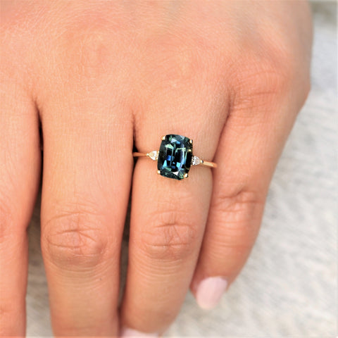 3.94ct Ready to Ship Petite Ellis 14kt Gold Ocean Blue Teal Sapphire Diamond Pear 3 Stone Elongated Cushion Ring - Rosados Box