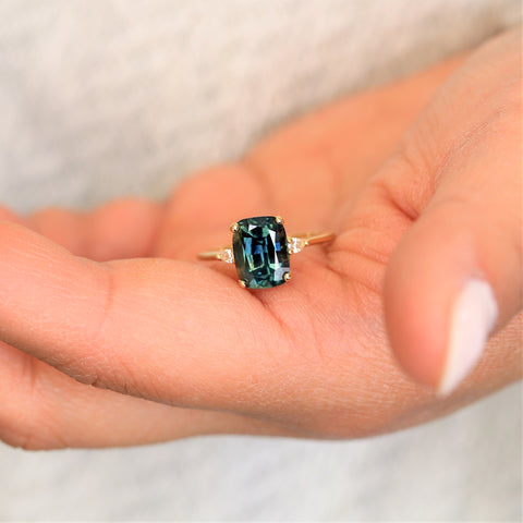 3.94ct Ready to Ship Petite Ellis 14kt Gold Ocean Blue Teal Sapphire Diamond Pear 3 Stone Elongated Cushion Ring - Rosados Box