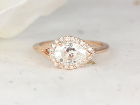 1.50ct LeStrange 9x6mm 14kt Rose Gold Moissanite Diamond Split Shank East West Set Pear Halo Ring - Rosados Box