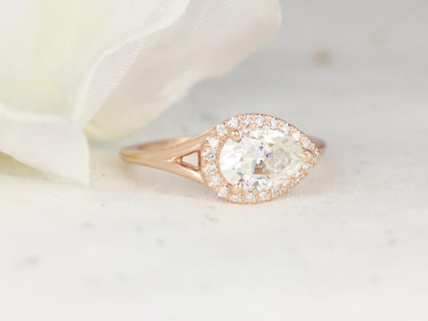 1.50ct LeStrange 9x6mm 14kt Rose Gold Moissanite Diamond Split Shank East West Set Pear Halo Ring - Rosados Box