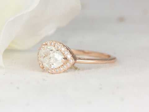 1.50ct LeStrange 9x6mm 14kt Rose Gold Moissanite Diamond Split Shank East West Set Pear Halo Ring - Rosados Box