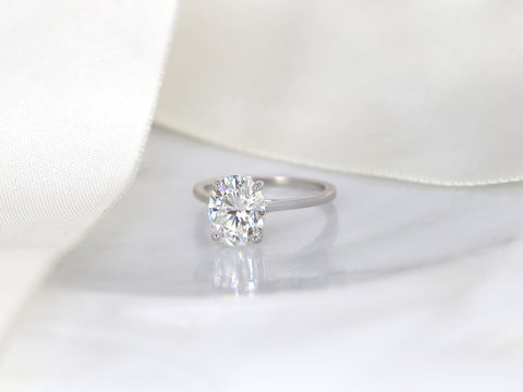 3ct Ready to Ship Bailey 10x8mm 14kt WHITE Gold Moissanite Dainty Oval Solitaire Ring - Rosados Box