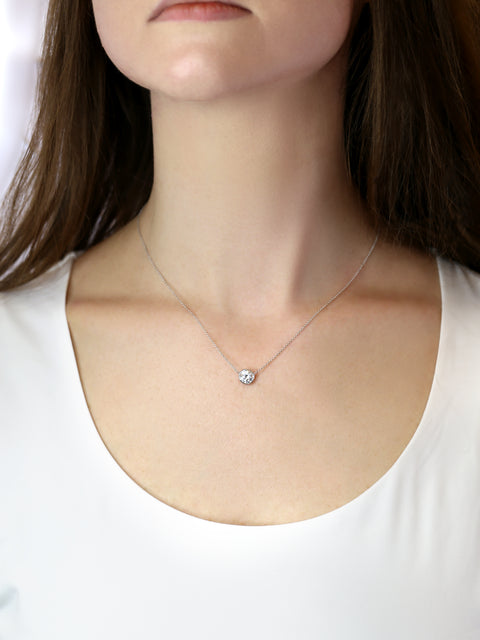 1ct Ready to Ship Brooke 6.5mm 14kt ROSE Gold Dainty Moissanite Solitaire Floating Necklace - Rosados Box