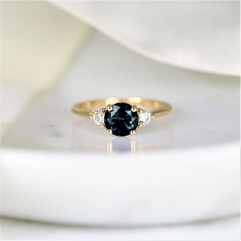 1.48ct Ready to Ship Colette 14kt Gold Peacock Teal Sapphire Diamond Three Stone Round Ring - Rosados Box