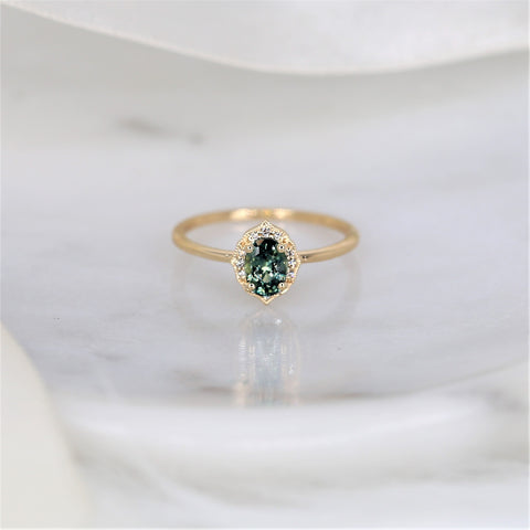 0.87ct Ready to Ship Mini Mae 14kt Gold Green Tea Teal Sapphire Diamond Oval Halo Ring - Rosados Box