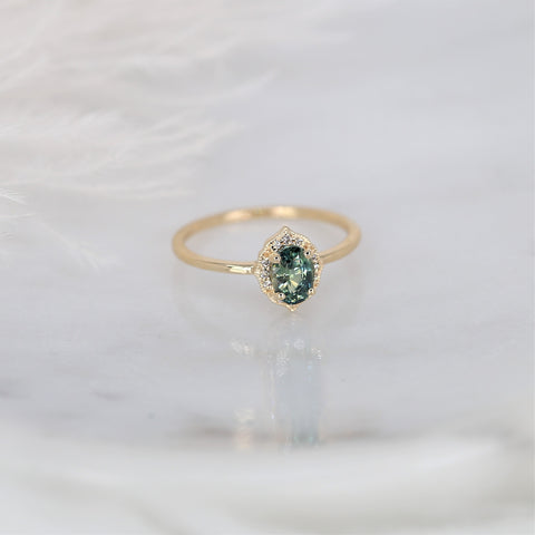 0.87ct Ready to Ship Mini Mae 14kt Gold Green Tea Teal Sapphire Diamond Oval Halo Ring - Rosados Box