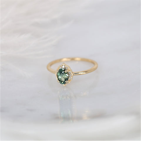 0.87ct Ready to Ship Mini Mae 14kt Gold Green Tea Teal Sapphire Diamond Oval Halo Ring - Rosados Box