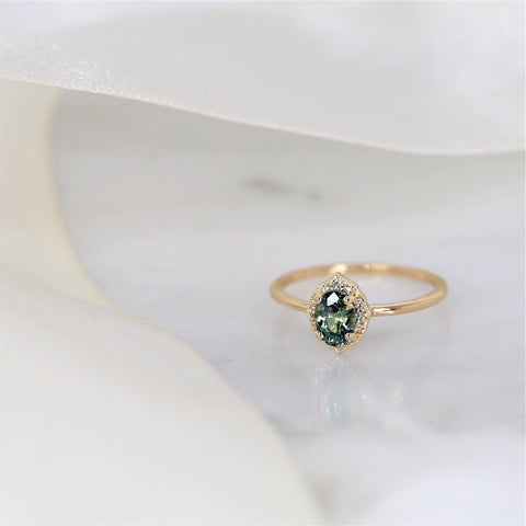 0.87ct Ready to Ship Mini Mae 14kt Gold Green Tea Teal Sapphire Diamond Oval Halo Ring - Rosados Box