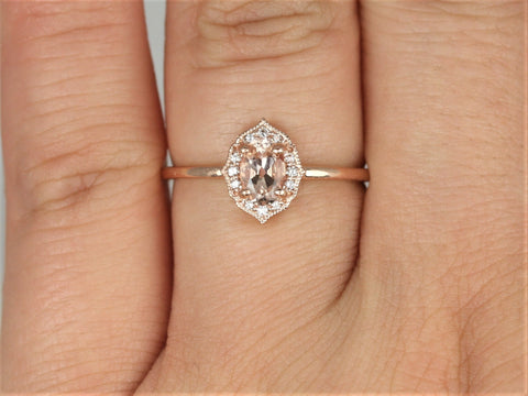 Ready to Ship Mini Mae 6x4mm 14kt Rose Gold WITH Milgrain Morganite Diamond Dainty Oval Halo Ring - Rosados Box