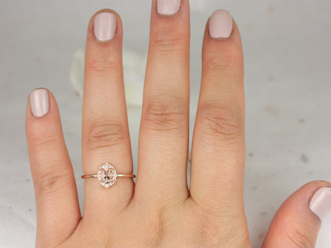 Ready to Ship Mini Mae 6x4mm 14kt Rose Gold WITH Milgrain Morganite Diamond Dainty Oval Halo Ring - Rosados Box