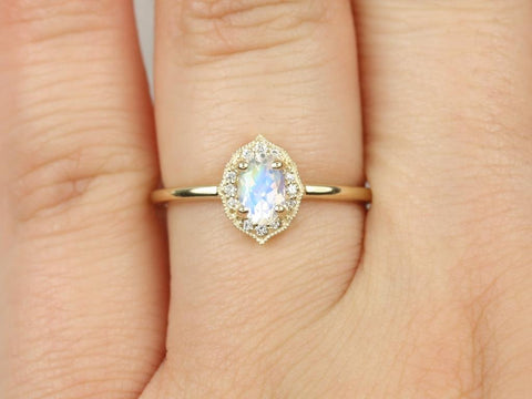 Ready to Ship Mini Mae 6x4mm 14kt Gold WITH Milgrain Moonstone Diamond Oval Halo Ring - Rosados Box