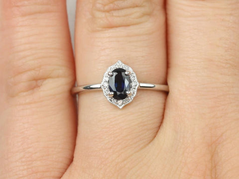 Mini Mae 6x4mm 14kt White Gold Blue Sapphire Diamond WITH Milgrain Art Deco Oval Halo Ring - Rosados Box