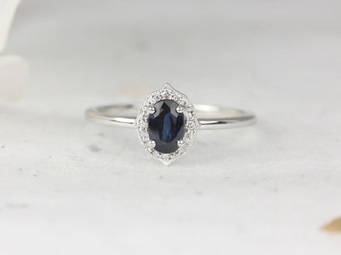 Mini Mae 6x4mm 14kt White Gold Blue Sapphire Diamond WITH Milgrain Art Deco Oval Halo Ring - Rosados Box