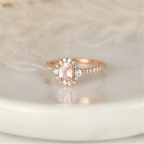 1.29cts Ready to Ship Bridgette 14kt Rose Gold Peach Sapphire Diamond Unique Halo Ring - Rosados Box