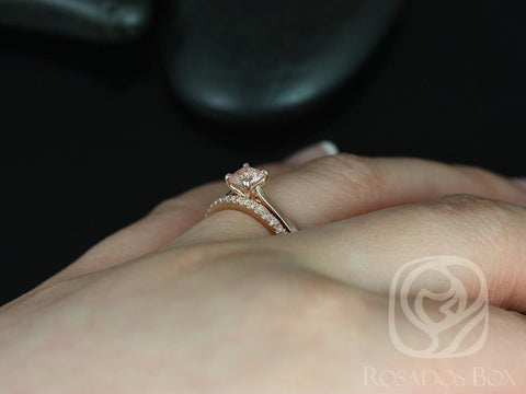 0.45ct Ready to Ship Gallina & DIA Barra 14kt Rose Gold Cushion Peach Champagne Sapphire Cathedral Solitaire Wedding Set - Rosados Box