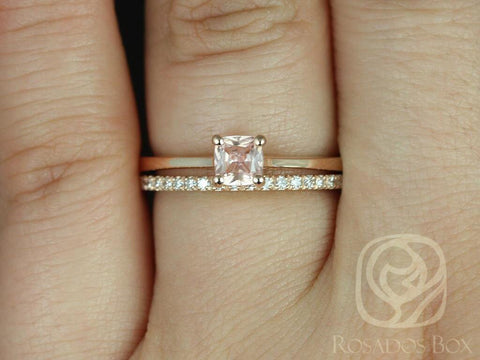 0.45ct Ready to Ship Gallina & DIA Barra 14kt Rose Gold Cushion Peach Champagne Sapphire Cathedral Solitaire Wedding Set - Rosados Box