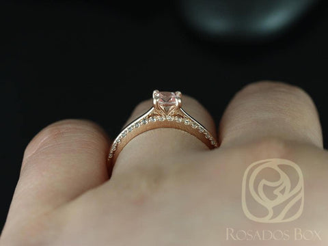 0.45ct Ready to Ship Gallina & DIA Barra 14kt Rose Gold Cushion Peach Champagne Sapphire Cathedral Solitaire Wedding Set - Rosados Box