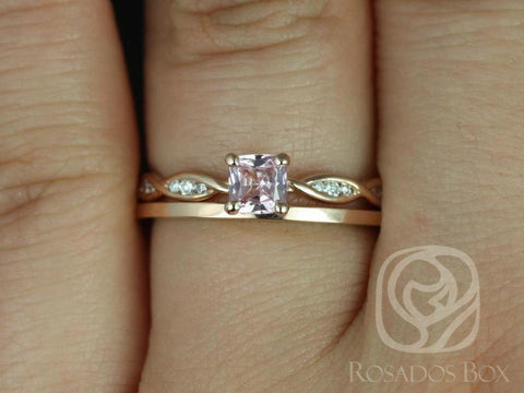 0.44ct Ready to Ship Ember & PLAIN Romani 14kt Rose Gold Cushion Peach Sapphire Diamonds Solitaire Bridal Set - Rosados Box