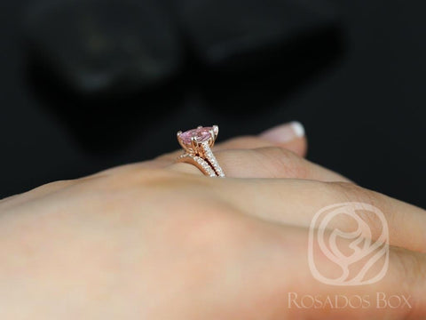 1.09cts Ready to Ship Ann 14kt Rose Gold Peach Blush Sapphire Diamond Dainty Cathedral Bridal Set - Rosados Box