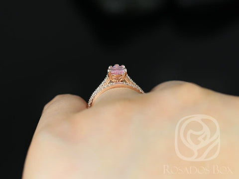 1.09cts Ready to Ship Ann 14kt Rose Gold Peach Blush Sapphire Diamond Dainty Cathedral Bridal Set - Rosados Box