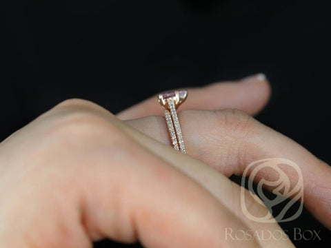 1.09cts Ready to Ship Ann 14kt Rose Gold Peach Blush Sapphire Diamond Dainty Cathedral Bridal Set - Rosados Box