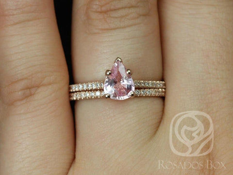 1.09cts Ready to Ship Ann 14kt Rose Gold Peach Blush Sapphire Diamond Dainty Cathedral Bridal Set - Rosados Box