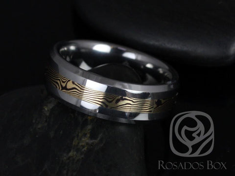 Rosados Box Kenshi 14kt Yellow Gold & Shakudo Mokume Gane Tungsten Carbide Beveled Edge Band - Rosados Box