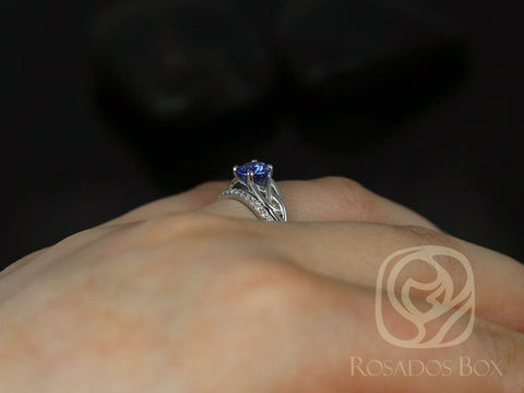 1.04cts Ready to Ship Cassidy 14kt White Gold Blue Sapphire Diamonds Celtic Knot Triquetra Solitaire Bridal Set - Rosados Box