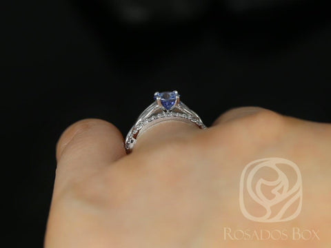 1.04cts Ready to Ship Cassidy 14kt White Gold Blue Sapphire Diamonds Celtic Knot Triquetra Solitaire Bridal Set - Rosados Box