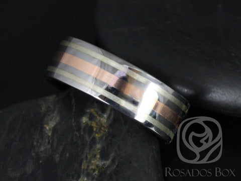 Rosados Box Gael 8mm 14kt Rose Gold & Silver Tungsten Carbide Trio Striped Band - Rosados Box