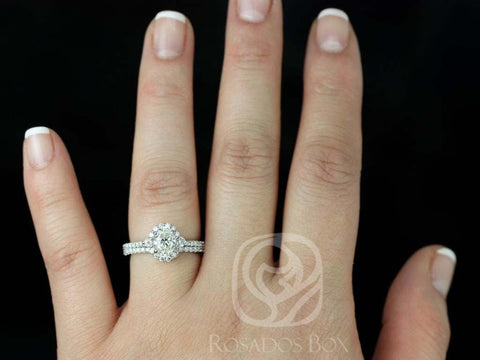 1.01ct Ready to Ship Bridgette 14kt White Gold Diamond Three Stone Unique Halo Bridal Set - Rosados Box