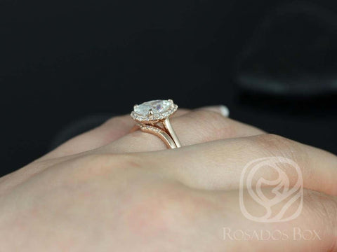 2ct Jorie 10x7mm & Momo Forever One Moissanite Diamonds Extra Low Pear Halo Bridal Set - Rosados Box