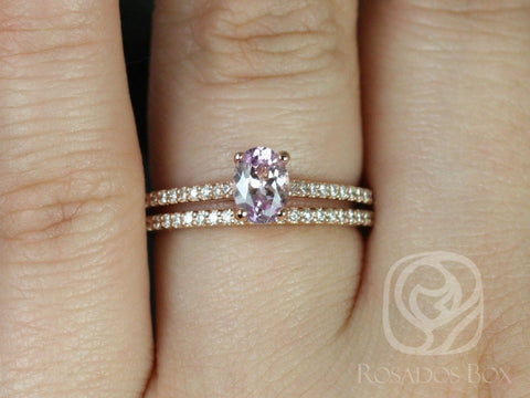 0.76ct Ready to Ship Blake 14kt Rose Gold Icy Blush Lavender Sapphire Diamond Oval Solitaire Bridal Set - Rosados Box