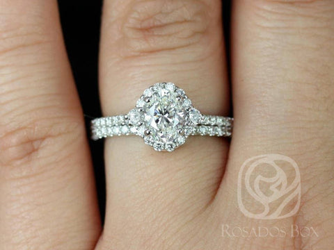 1.01ct Ready to Ship Bridgette 14kt White Gold Diamond Three Stone Unique Halo Bridal Set - Rosados Box