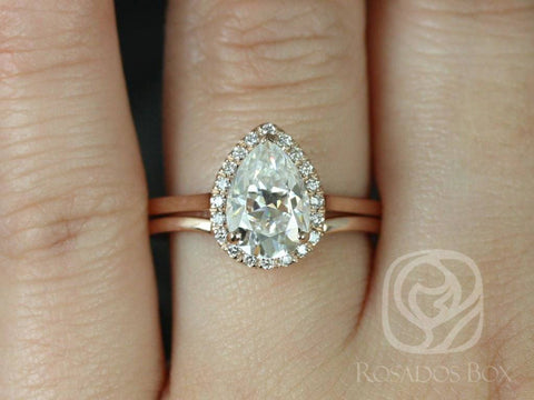 2ct Jorie 10x7mm & Momo Forever One Moissanite Diamonds Extra Low Pear Halo Bridal Set - Rosados Box