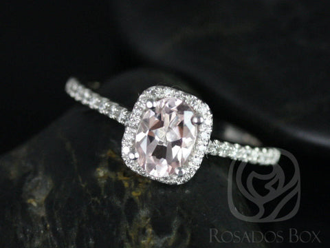 Rosados Box Ready to Ship Romani 7x5mm 14kt White Gold Morganite and Diamonds Cushion Halo Engagement Ring - Rosados Box