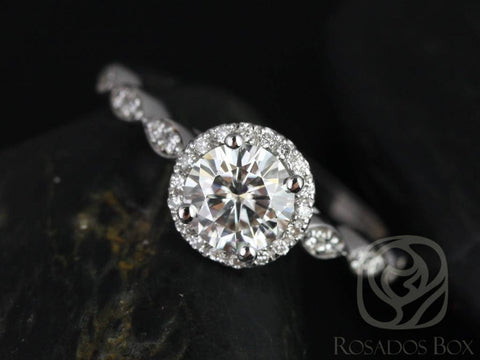 SALE Rosados Box Ready to Ship Samantha 6.5mm 14kt White Gold Round FB Moissanite Diamond Art Deco Halo W/O Milgrain Halo Engagement Ring - Rosados Box