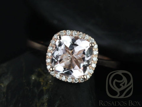 Ready to Ship Roxie 8mm 14kt YELLOW Gold Morganite Diamonds Micropave Cushion Halo Ring - Rosados Box