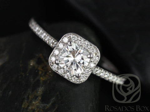 SALE Rosados Box Ready to Ship Camila 5mm 14kt White Gold Cushion FB Moissanite and Diamonds Halo Engagement Ring - Rosados Box