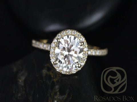 SALE Ready to Ship Chantelle 8x6mm 14kt Gold FB Moissanite Diamond Dainty Halo Ring - Rosados Box