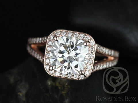 SALE Rosados Box Ready to Ship Diana 8mm 14kt Rose Gold Cushion FB Moissanite and Diamonds Halo Split Shank Wedding Set - Rosados Box